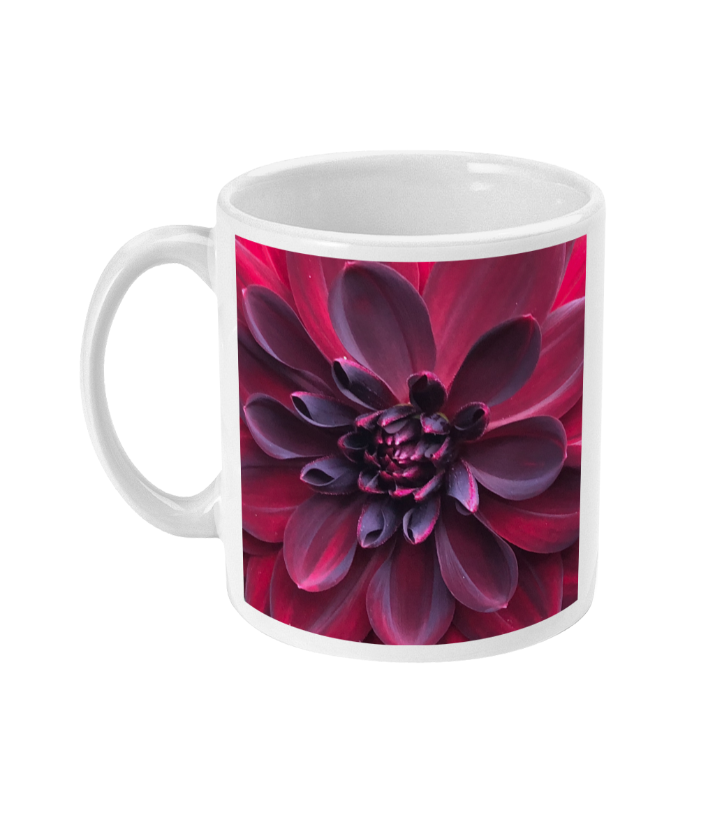"Into the Darkest Shades" Purple Red Dahlia Double Flower Mug - Nature of Flowers